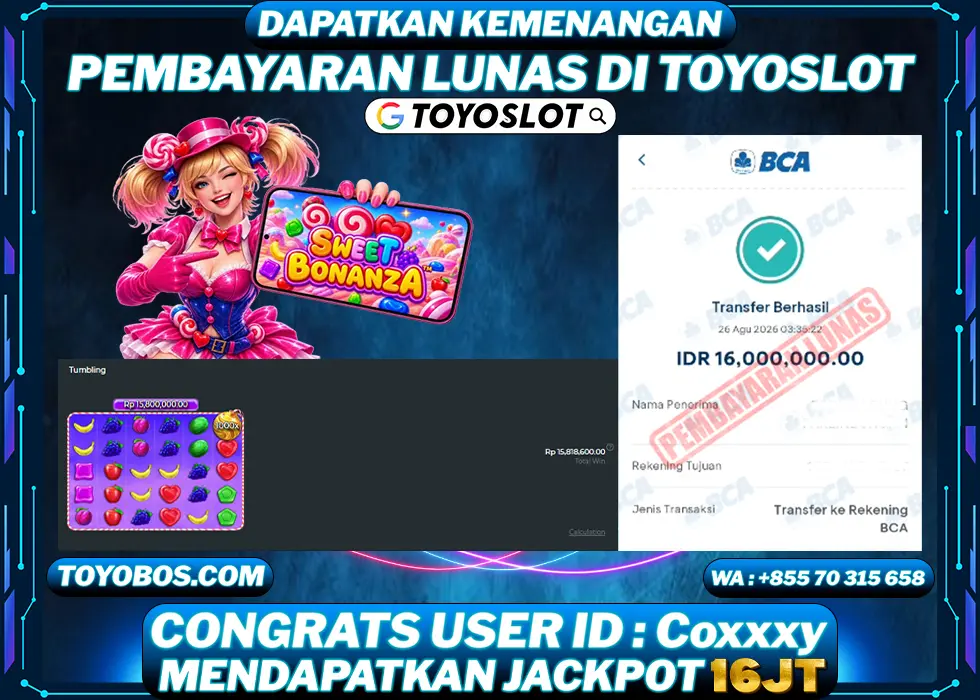 TOYOSLOT - BUKTI KEMENANGAN JACKPOT Sweet Bonanza 1000 Rp16,000,000,- LUNAS